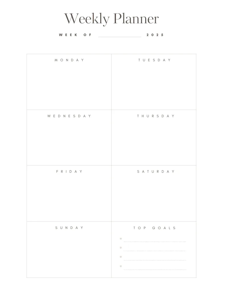 Black and White 2025 Weekly Calendars